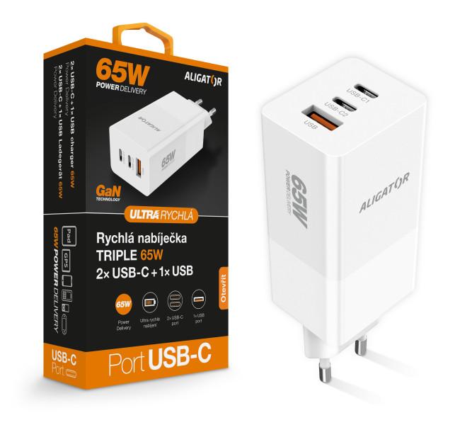 Fotografia produktu: Aligator nabíjačka PD65W, 2USB-C, 1xUSB-A, biela