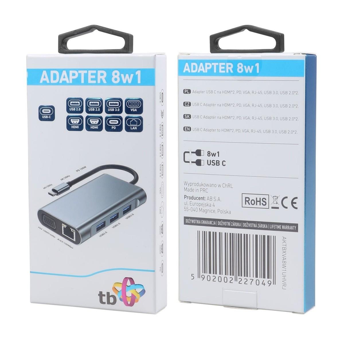 Fotografia produktu: TB Touch USB C 8v1 - 2x HDMI, USB, VGA, RJ45, PD