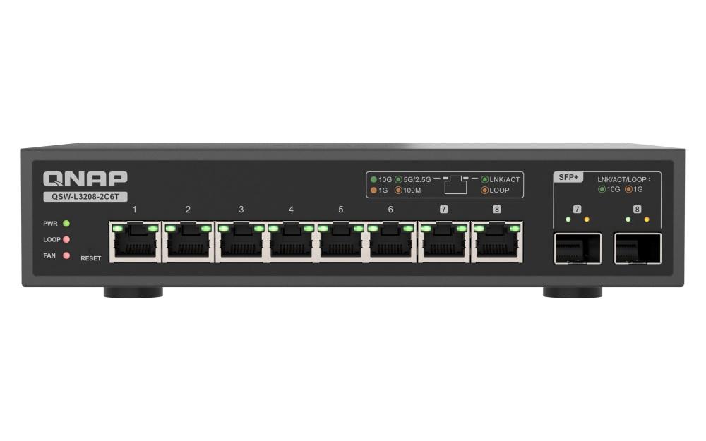 Fotografia produktu: QNAP switch QSW-L3208-2C6T (6x 10GbE port, 2x 10G SFP+/NBASE-T Combo, Lite Managed)