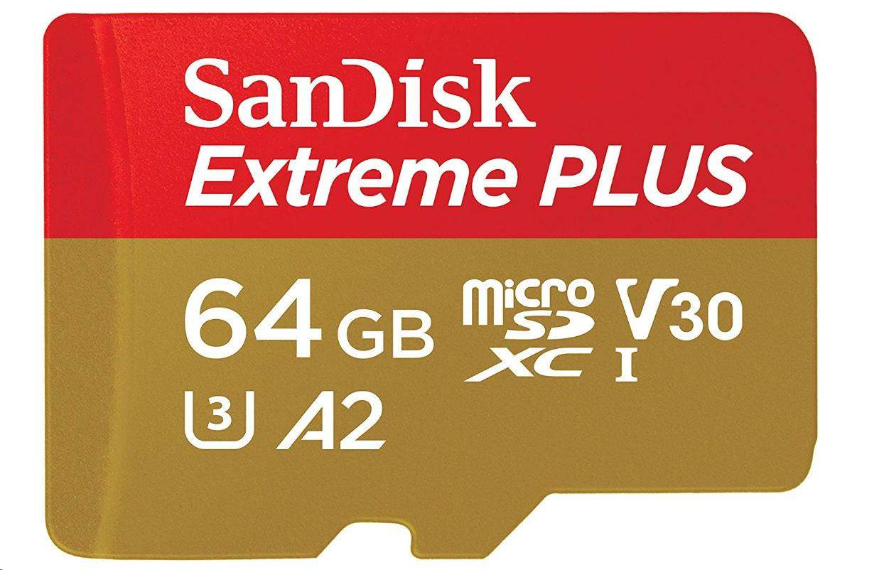 SanDisk MicroSDXC karta 64GB Extreme PLUS (R: 170/W: 90 MB/s, A2 C10 V30 UHS-I) + adaptér