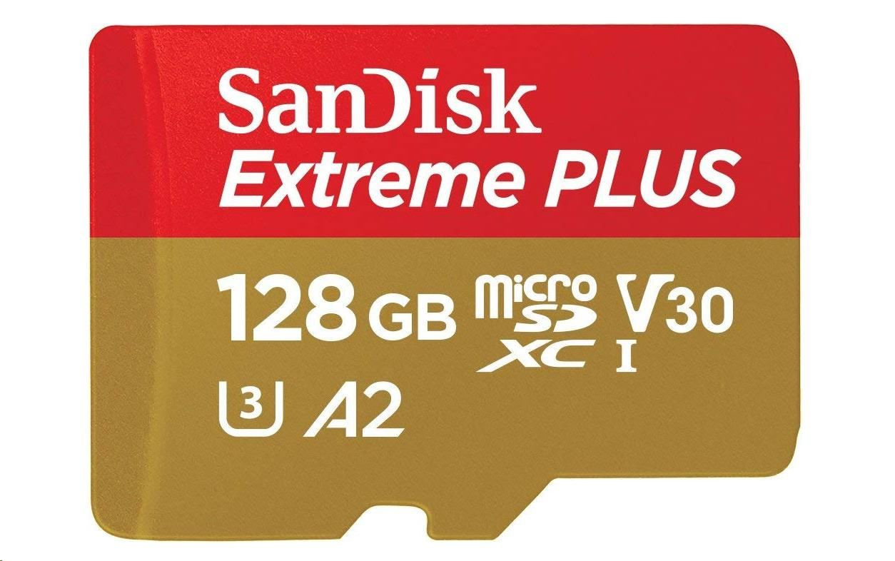 SanDisk MicroSDXC karta 128GB Extreme PLUS (R: 170/W: 90 MB/s, A2 C10 V30 UHS-I) + adaptér
