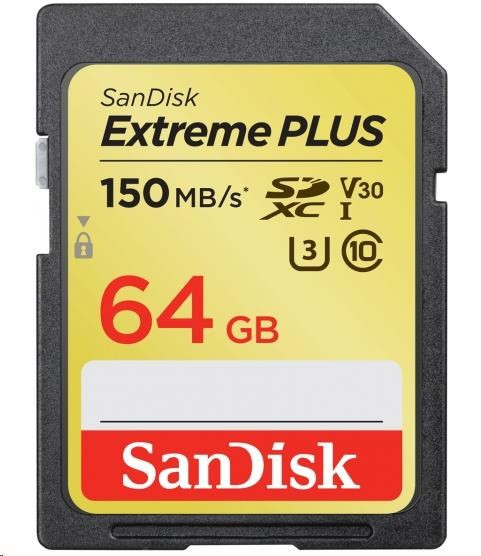 SanDisk SDXC karta 64GB Extreme PLUS (R:150/W:70 MB/s, Class 10, UHS-I U3 V30)