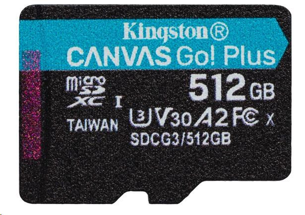 Kingston MicroSDXC karta 512GB Canvas Go! Plus, R:170/W:90MB/s, Class 10, UHS-I, U3, V30, A2