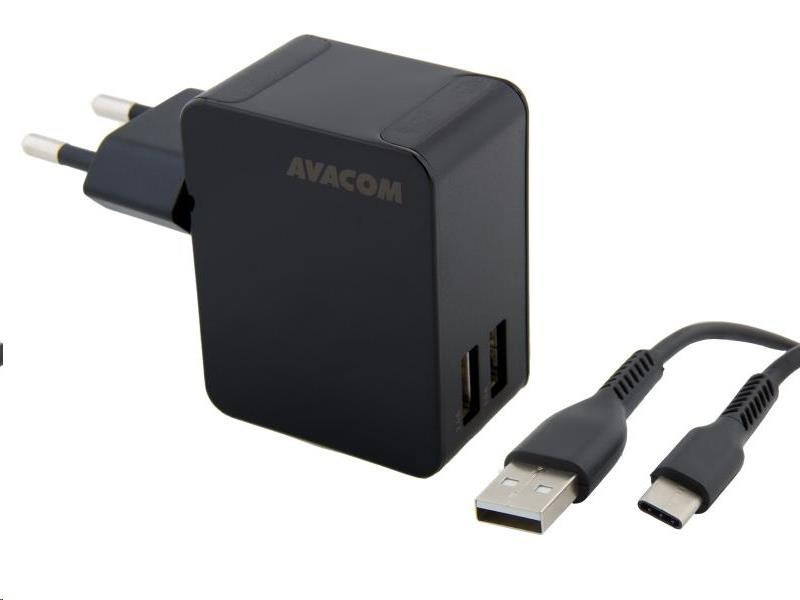 AVACOM HomeNOW sieťová nabíjačka 3, 4A s dvoma výstupmi, čierna farba (USB-C kábel)