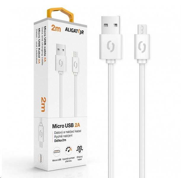 Aligator dátový a nabíjací kábel, konektor micro USB, 2A, 2m, biela