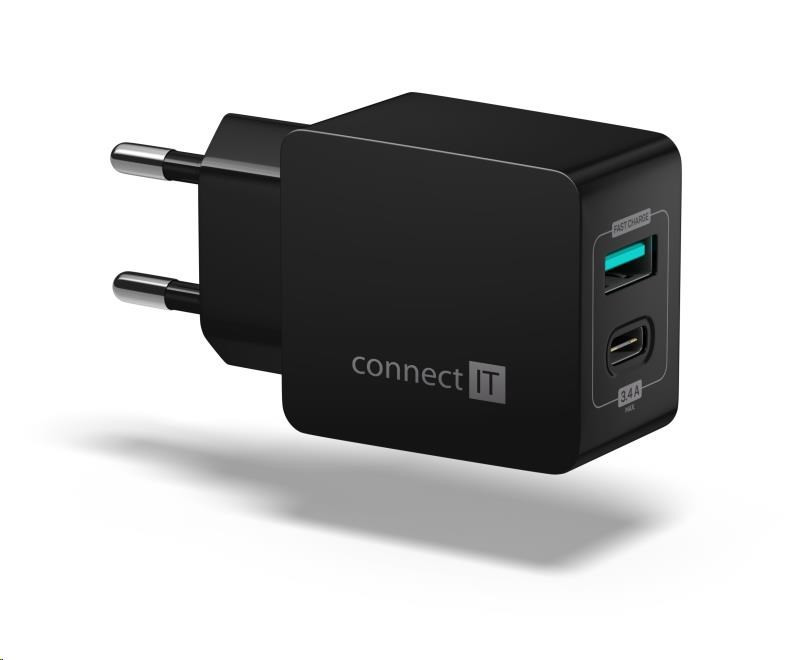CONNECT IT Fast Charge nabíjací adaptér 1xUSB-A + 1xUSB-C, 3, 4A, čierna