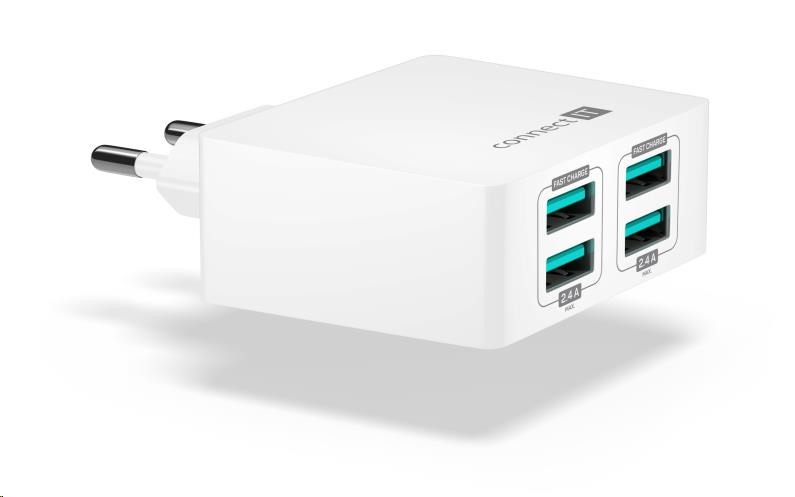 CONNECT IT Fast Charge nabíjací adaptér 4×USB-A, 4, 8A, biela