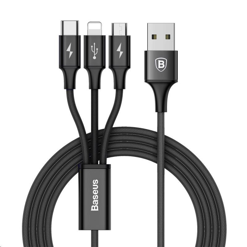 Baseus Rapid Series nabíjací / dátový kábel 3v1 USB (Micro USB + Lightning + USB-C) 3A 1, 2m, čierna
