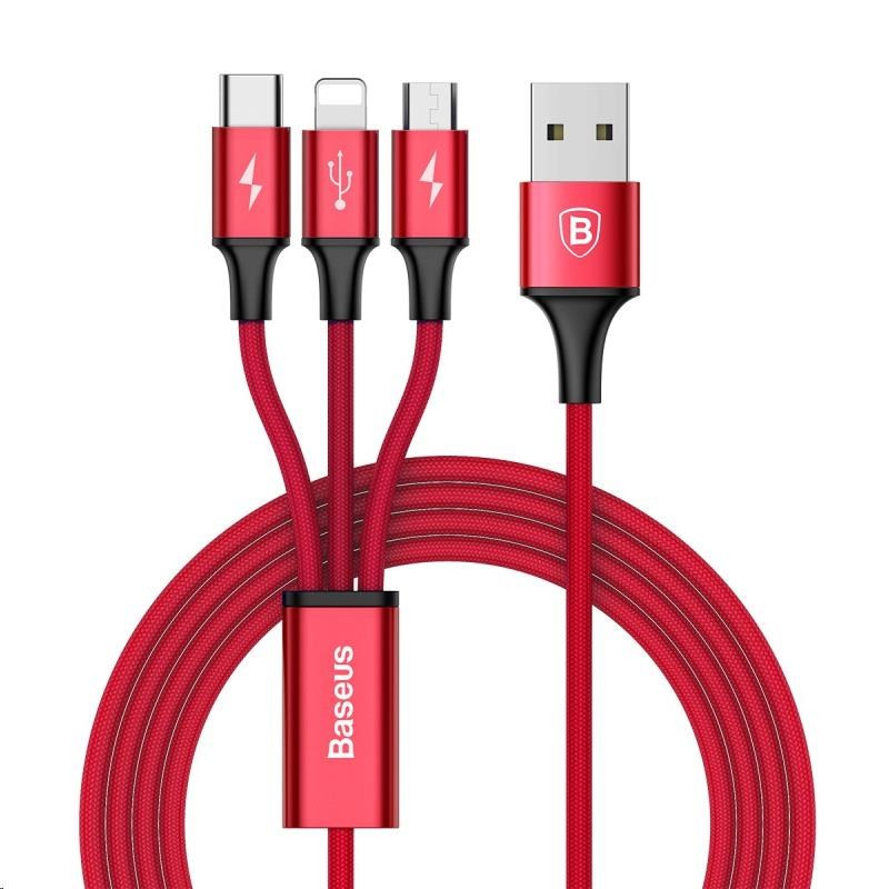 Baseus Rapid Series nabíjací / dátový kábel 3v1 USB (Micro USB + Lightning + USB-C) 3A 1, 2m, červená