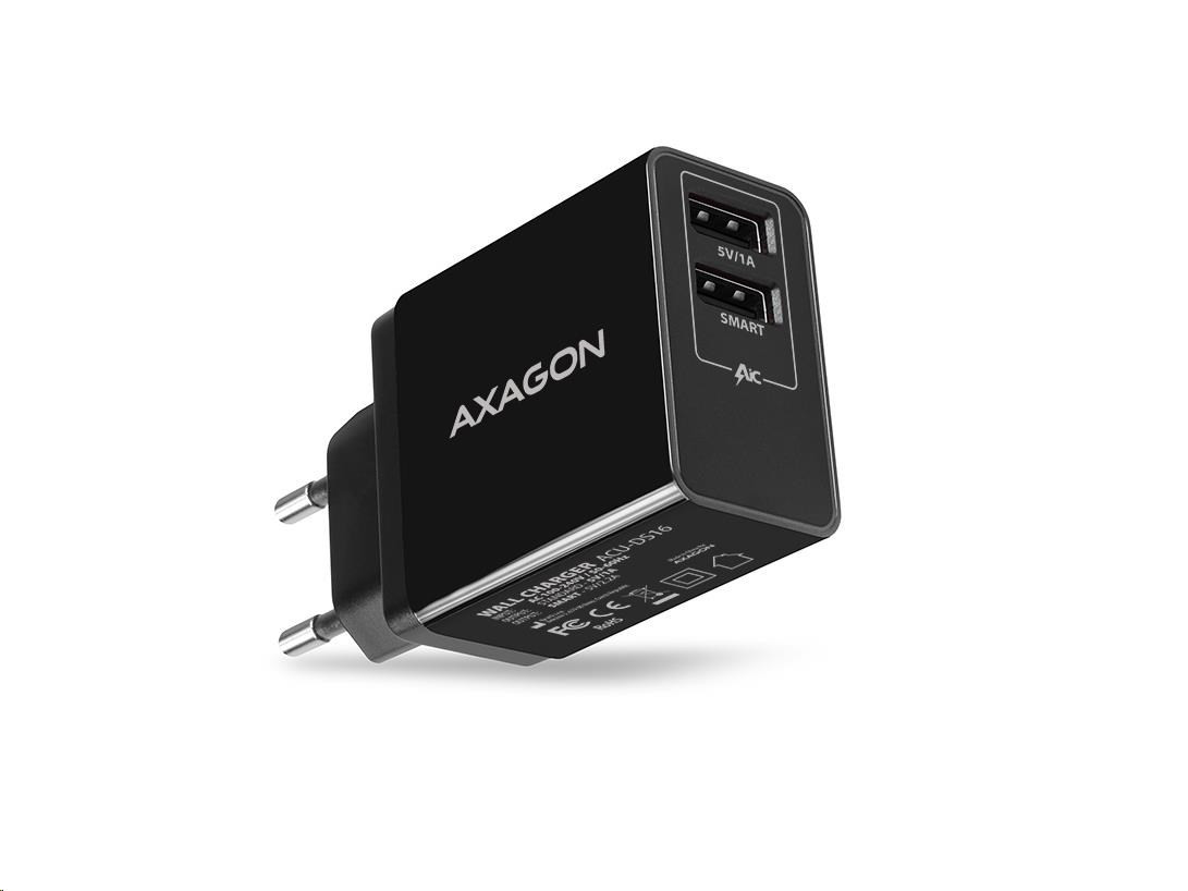 AXAGON ACU-DS16, SMART nabíjačka do siete 16W, 2x USB-A port, 5V/2.2A + 5V/1A