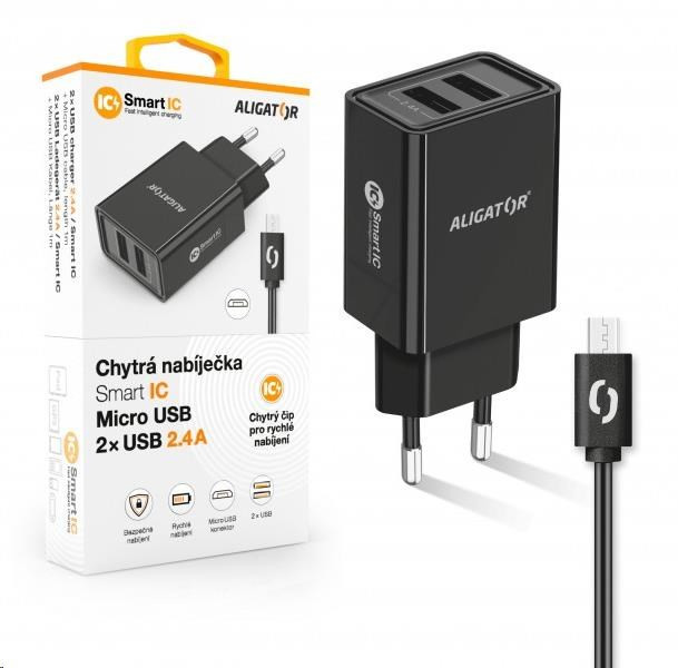 Aligator sieťová nabíjačka, 2x USB, kábel micro USB 2A, smart IC, 2, 4 A, čierna