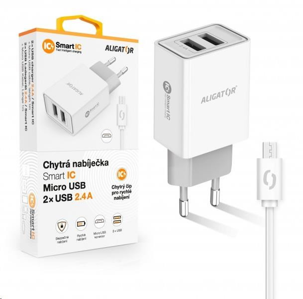 Aligator sieťová nabíjačka, 2x USB, kábel micro USB 2A, smart IC, 2, 4 A, biela