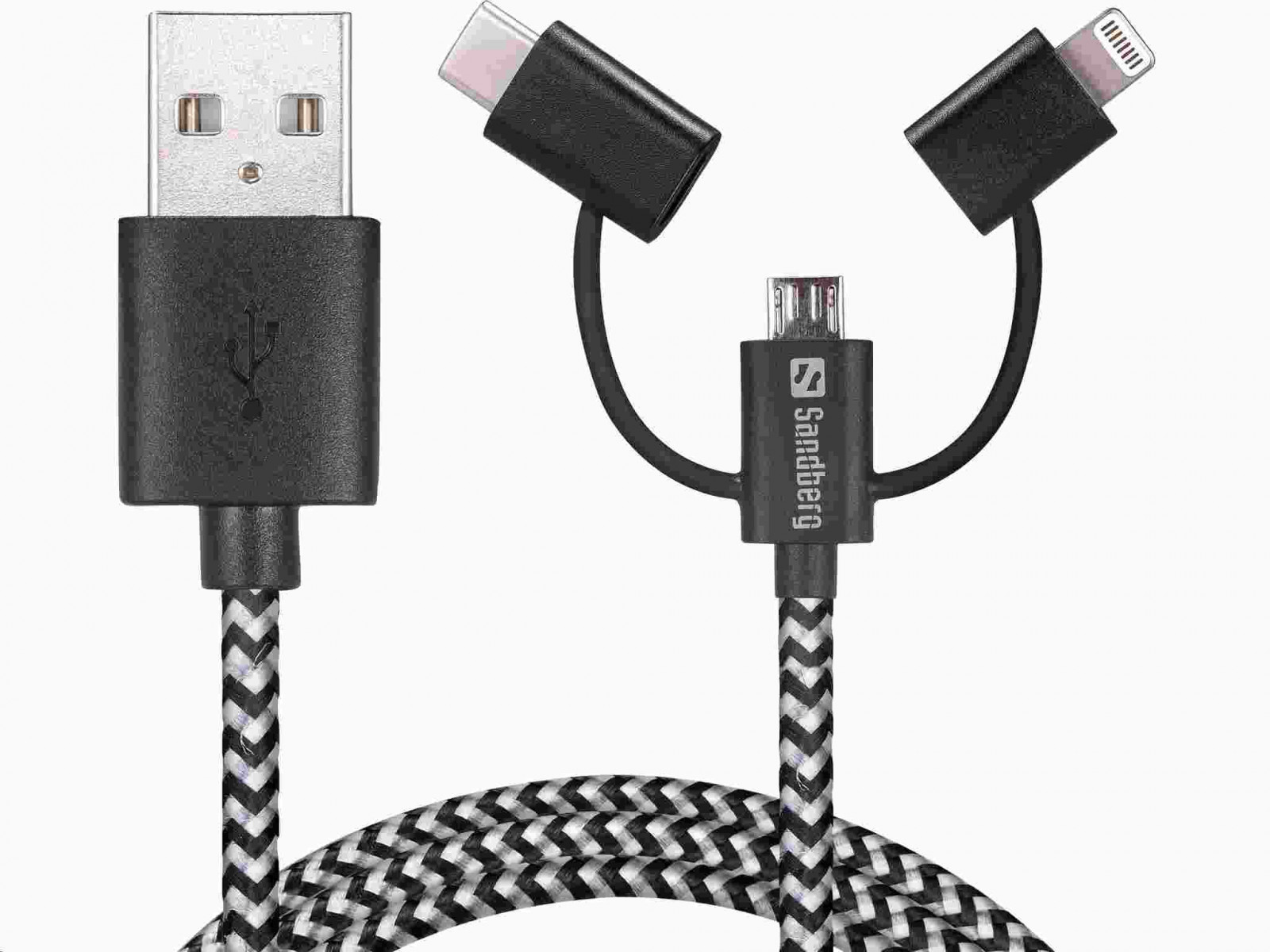 Sandberg dátový kábel 3v1, konektory Lightning + micro USB + USB-C, dĺžka 1m, čierno-biela