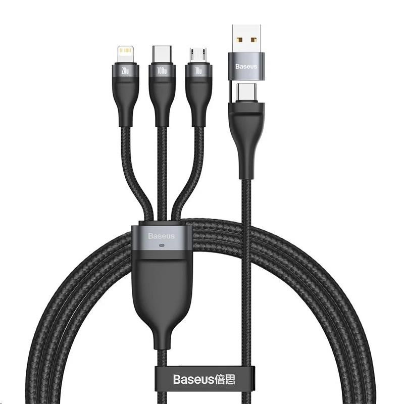 Baseus Flash Series 3v2 nabíjací / dátový kábel USB/USB-C na MicroUSB + Lightning + USB-C 100W 1, 2m, šedá-čierna