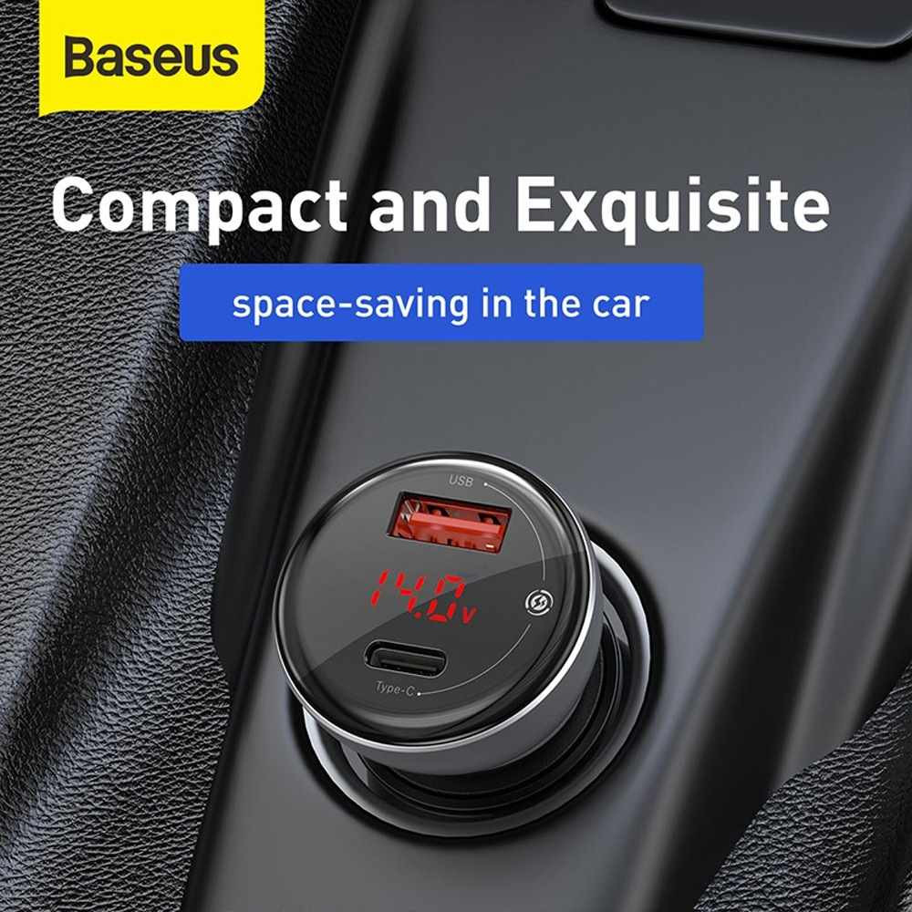 Baseus PPS adaptér do automobilu s displejom USB-C + USB-A 45W, šedá