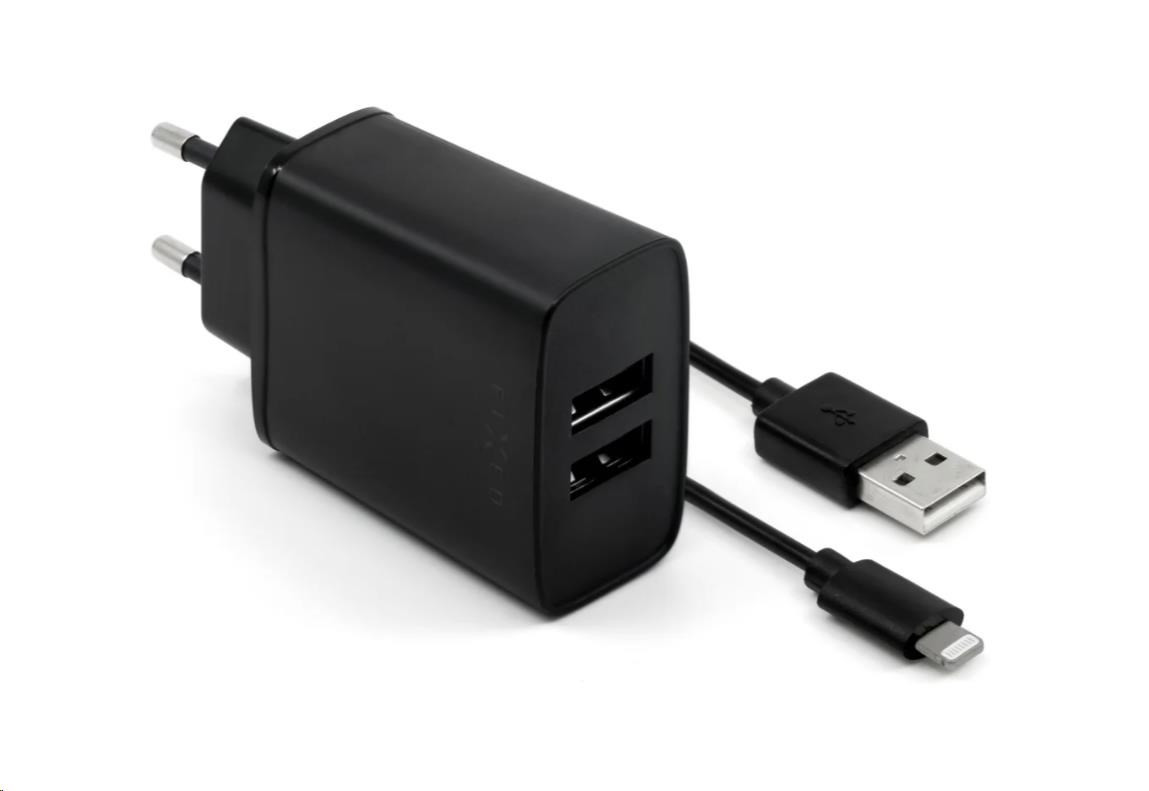FIXED nabíjačka do siete, konektor 2x USB-A, kábel USB -> Lightning (MFI) dĺžka 1 m, 15 W, čierna