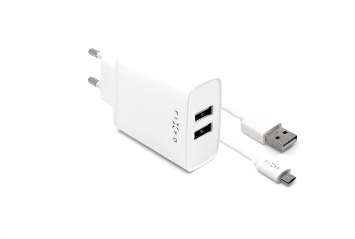 Fixed nabíjačka do siete, konektor 2x USB-A, kábel USB -> micro USB dĺžka 1 m, 15 W, biela