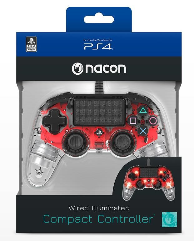 Nacon Wired Compact Controller - ovládač pre PlayStation 4 - priehľadný červený