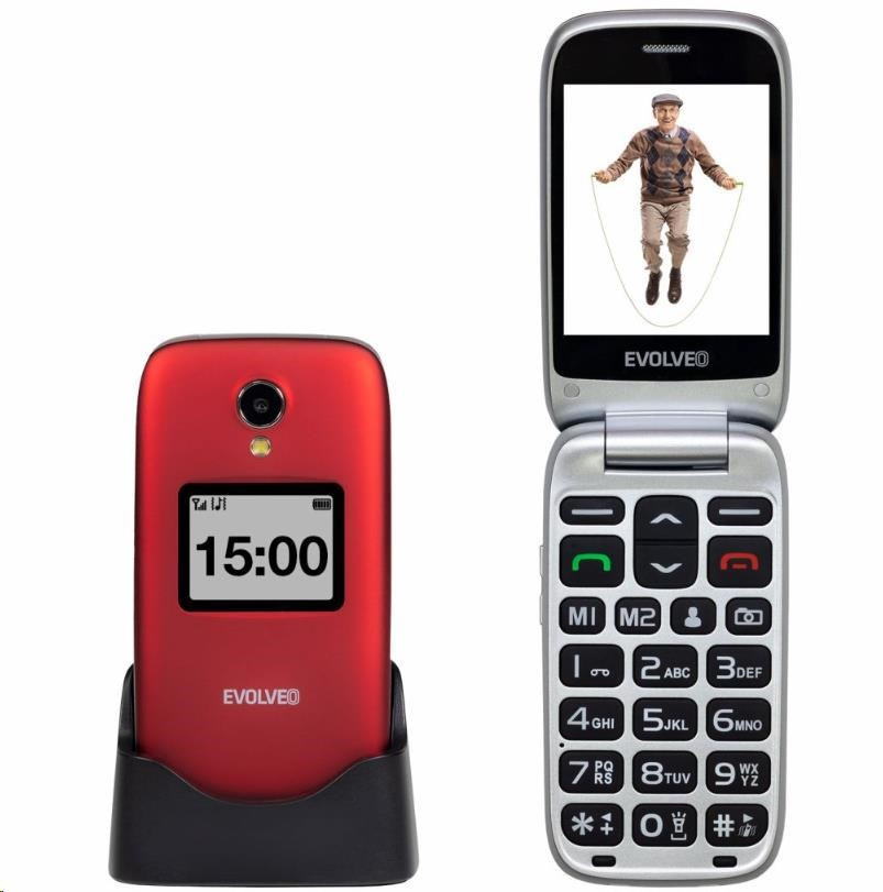EVOLVEO EasyPhone FP, vyklápací mobilný telefón 2.8" pre seniorov s nabíjacím stojanom, červená
